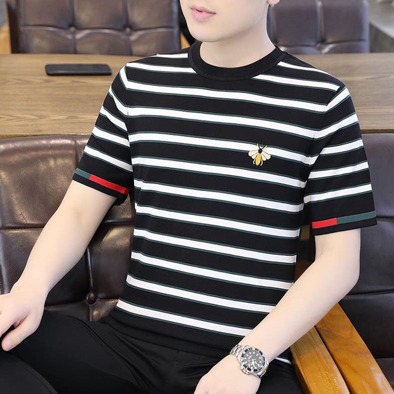 短袖t恤男夏季冰丝针织衫条纹速干上衣2024新款男装半袖冰感体恤