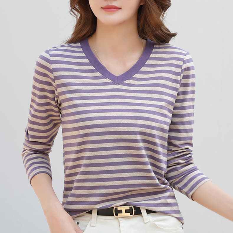 纯棉条纹V领长袖T恤女打底衫2025年春秋新款大码宽松百搭洋气上衣